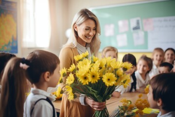 Female teacher received beautiful bouquet in her classroom - obrazy, fototapety, plakaty