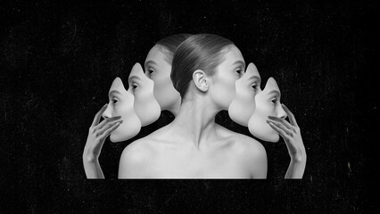 Split of personality. Young woman with many faces. Black and white image. Spirit. Contemporary art...