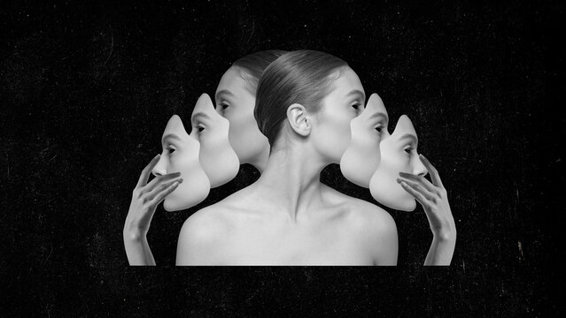 Split of personality. Young woman with many faces. Black and white image. Spirit. Contemporary art collage. Concept of surrealism, Halloween, creepy art, imagination and fantasy. Banner, ad