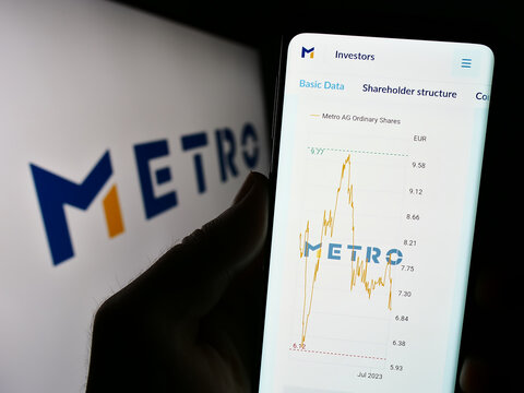 Stuttgart, Germany - 08-22-2023: Person holding smartphone with webpage of German wholesale company Metro AG on screen in front of logo. Focus on center of phone display.