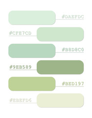 Mint blue green color palette, light pastel colors catalog, color matching, RGB, CMYK colors, harmonious colors palette sample, design and edit idea, with hex code