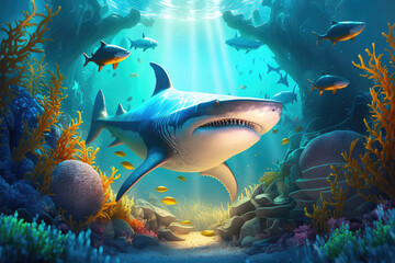 Fototapeta na wymiar Animals of the underwater sea world. Ecosystem. Colorful tropical shark. Life in the coral reef. (ai generated)