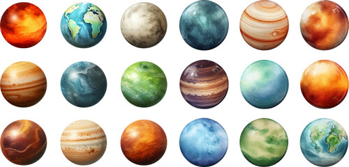 planets set in the style of photo-realistic compositions, rtx on, realistic watercolor paintings, lightbox, saturno butto, transcendent © EnelEva