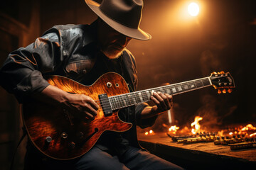 Obraz premium A guitarist strums their instrument, feeling the vibrations of the strings as they express their sensory musical style. Generative AI.