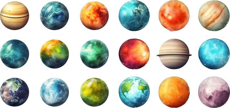 planets set in the style of photo-realistic compositions, rtx on, realistic watercolor paintings, lightbox, saturno butto, transcendent