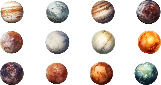 planets set in the style of photo-realistic compositions, rtx on, realistic watercolor paintings, lightbox, saturno butto, transcendent