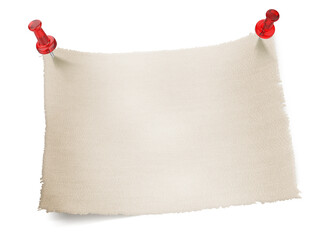 Realistic piece of fabric sheet and red push pin on transparent background.