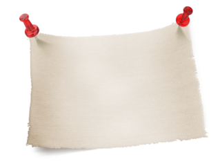 Realistic piece of fabric sheet and red push pin on transparent background.