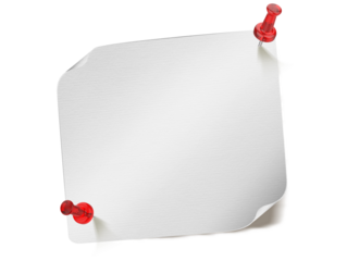 Realistic blank paper sheet and red push pin on transparent background.