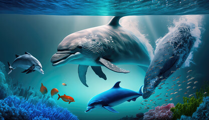 Fototapeta premium Animals of the underwater sea world. Ecosystem. Colorful tropical dolphin. Life in the coral reef. (ai generated)