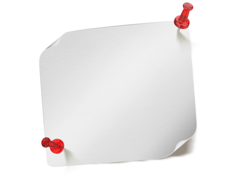 Realistic blank paper sheet and red push pin on transparent background.