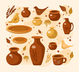 Pottery and ceramic products vector illustration. Handmade vases, bowls, cups, plates and crockery with herbal ornament for home decoration. Craft work, hobby, tableware concept