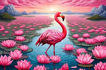 A pink flamingo standing in the water surrounded by pink lotus flowers.