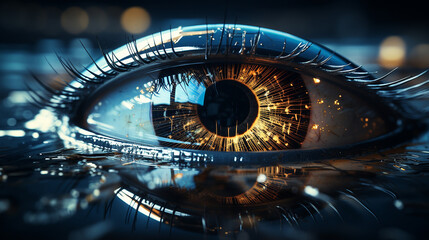 Close up of human eye. 3d rendering toned image double exposure
