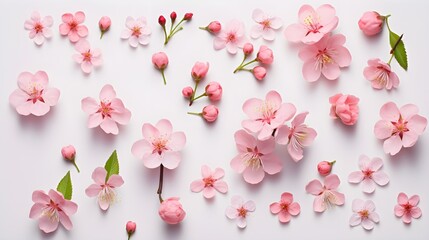 Fototapeta na wymiar Cherry blossoms and cherry berries flat lay pattern background.