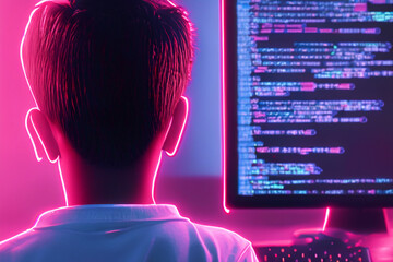 Seen from behind, boy working on computer generating code on screen, in dark room with pink and blue light. Concept of danger, computer minors, new generations, technology, addiction, hackers.