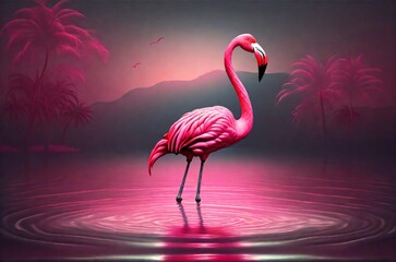 A pink flamingo standing in the water at dusk.