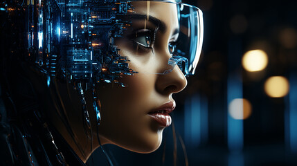 3D rendering of a female cyborg in front of a futuristic background