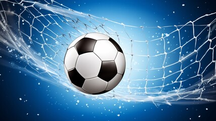 Fototapeta premium Soccer ball in net on blue background. 3D illustration.