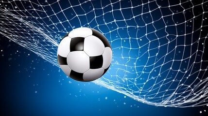 Soccer ball in net on blue background. 3D illustration.