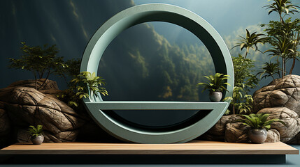 3d rendering of abstract scene with round podium for product display.
