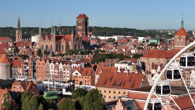 Gdansk Aerial View. Historical Old City of Gdansk and Motlawa River, Gdansk, Pomerania, Poland, Europe.