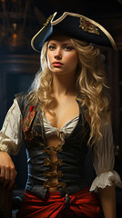 Pirate woman with long blond hair and a captain's hat