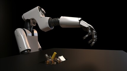Robotic Arm Sorting Trash on Black. Copy Space.