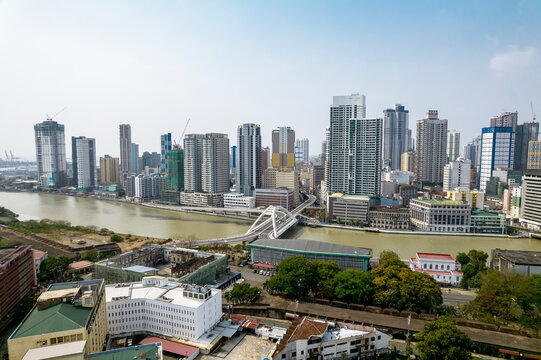 Manila, Philippines - Aerial of the Binondo skyline and the Pasig river traversed by the Binondo - Intramuros Bridge.