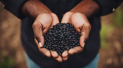 close-up partial view of farmer holding organic black beans. Generative AI.