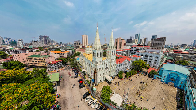 Quiapo, Manila, Philippines - Panoramic Aerial of The Minor Basilica of San Sebastian and the surrounding skyline.