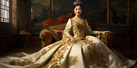 Asian princess on a throne - obrazy, fototapety, plakaty