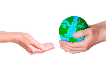 Male and Female Hands Exchange a Globe on White