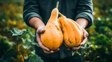 close-up partial view of farmer holding organic butternut squash. Generative AI.