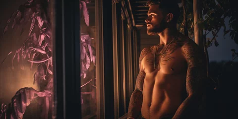 Fotobehang Handsome shirtless man illuminated with light in the dark © overrust