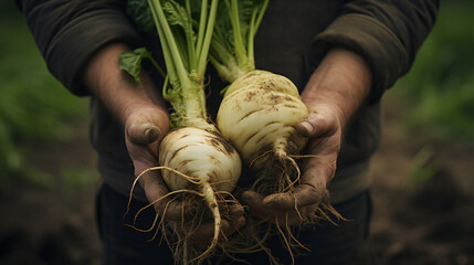 close-up partial view of farmer holding organic celeriac . Generative AI.