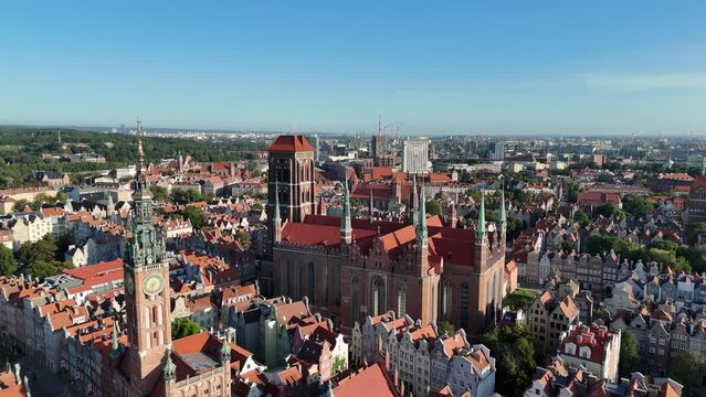 Gdansk Aerial View. Historical Old City of Gdansk and Motlawa River, Gdansk, Pomerania, Poland, Europe.