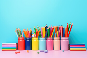 Fototapeta premium Top view of school supplies, colorful stationary on blue background. Back to school concept. Flat lay