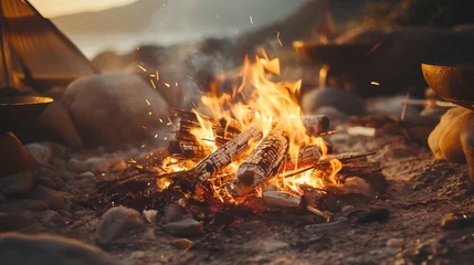 Fotobehang Generative AI, Burning bonfire in the evening, camping outdoor concept in neutral muted colors, tourist camp © DELstudio
