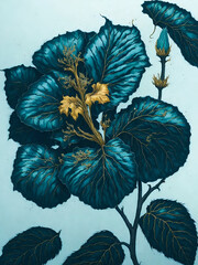 a painting of a blue flower with leaves