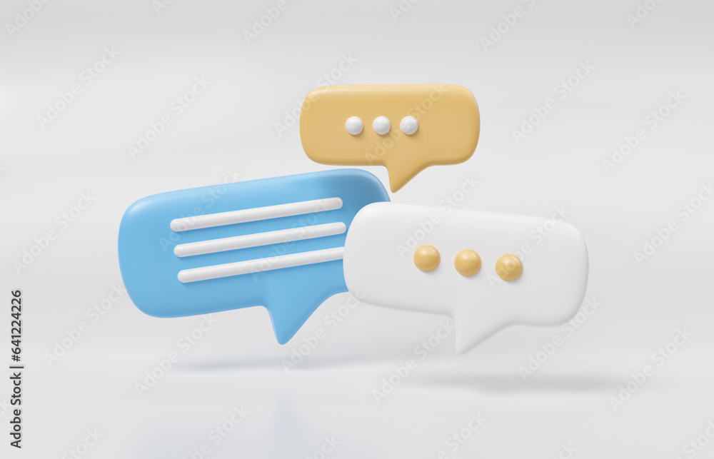 Wall mural minimalist blue and yellow speech bubbles talk icons floating over white background. modern conversa