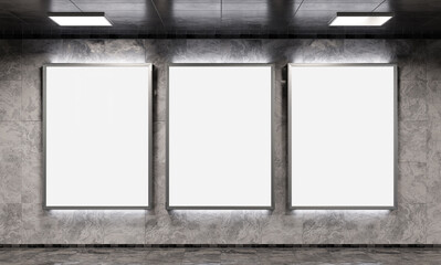 Three blank billboards on underground subway wall Mockup. Hoardings advertising triptych on train station interior 3D rendering