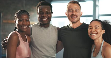 Gym team, laugh or class for exercise, fitness or boxing studio workout, wellness or training teamwork. Solidarity, funny friends or portrait of happy people, sports athlete or active community group