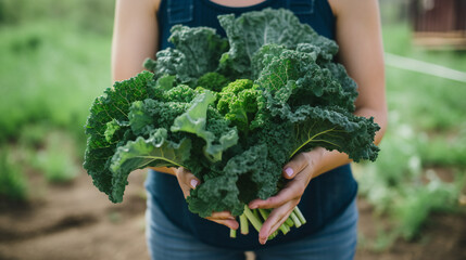 close-up partial view of farmer holding organic kale. Generative AI. - obrazy, fototapety, plakaty