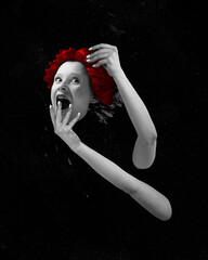 Female hands holding head of redhead shouting woman with terrifying face. Black and white. Contemporary art collage. Concept of surrealism, Halloween, creepy art, imagination and fantasy. Flyer, ad