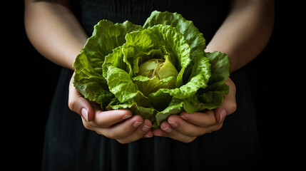 Naklejka na ściany i meble close-up partial view of farmer holding organic lettuce. Generative AI.