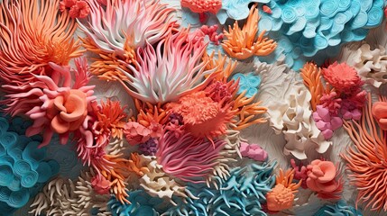 Fototapeta na wymiar An artwork resembling a bird's-eye view of a vibrant coral reef with its waves and textures flat lay.