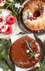 Variety of Christmas holiday desserts and sweets. Christmas decoration.