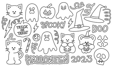 Fototapeta premium Halloween outlines of spooky ghost, witch hat, pumpkin, trick or treat candy, bone, cat, skull, teddy bear for colouring book, campaign logo, tattoo, stickers, cartoon, animal print, toy, kids