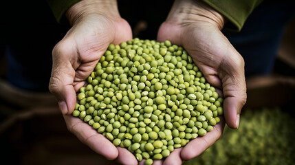 Naklejka na ściany i meble close-up partial view of farmer holding organic mung beans. Generative AI.
